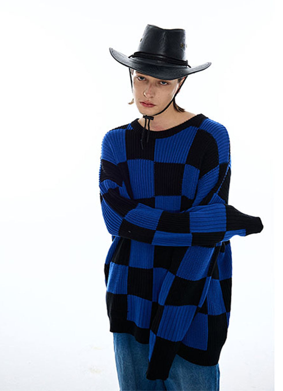 Checkerboard Round Neck Oversized Sweater