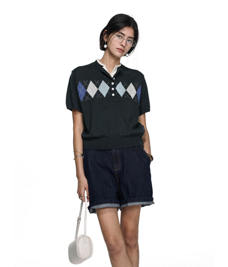 School Style Diamond Pattern Sweater