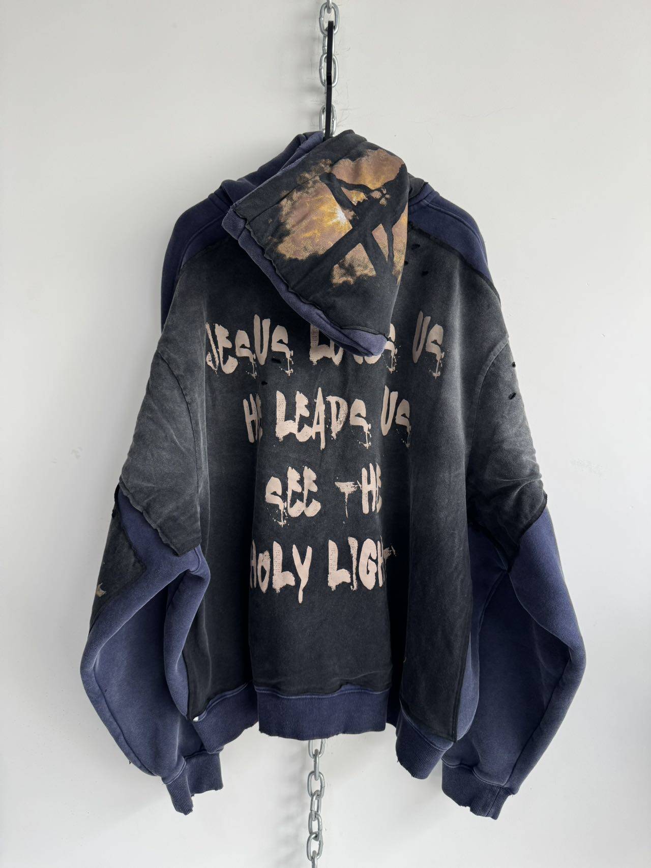 Rock Print Distressed Design Zip-Up Hoodie