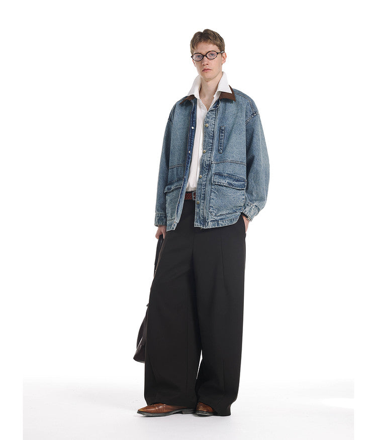 Vintage Denim Jacket with Washed Suede Collar