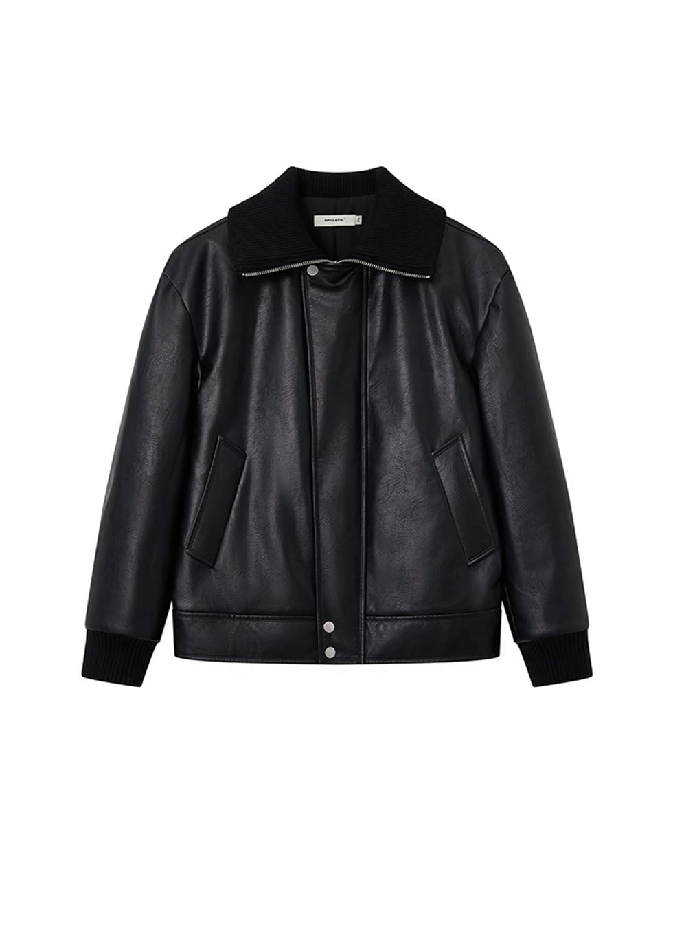 T-shape ribbed high collar casual leather jacket