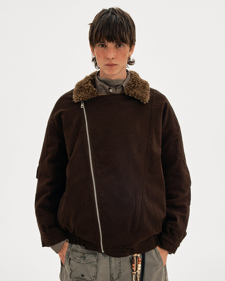 Diagonal Zipper Lambswool Collar Cotton Jacket