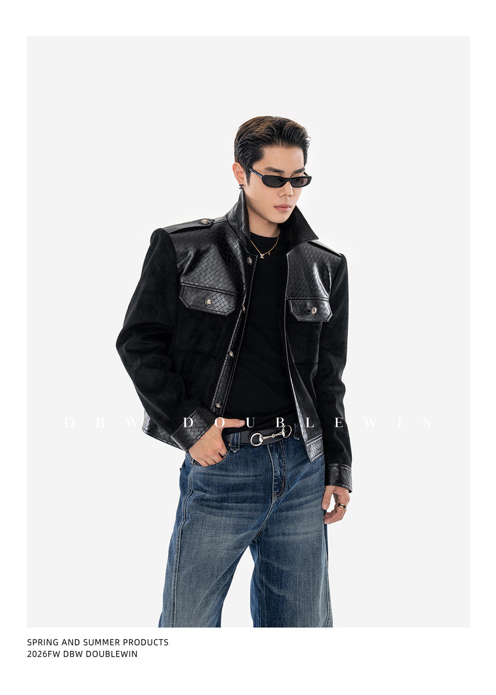 Textured Leather Patchwork Suede Short Jacket