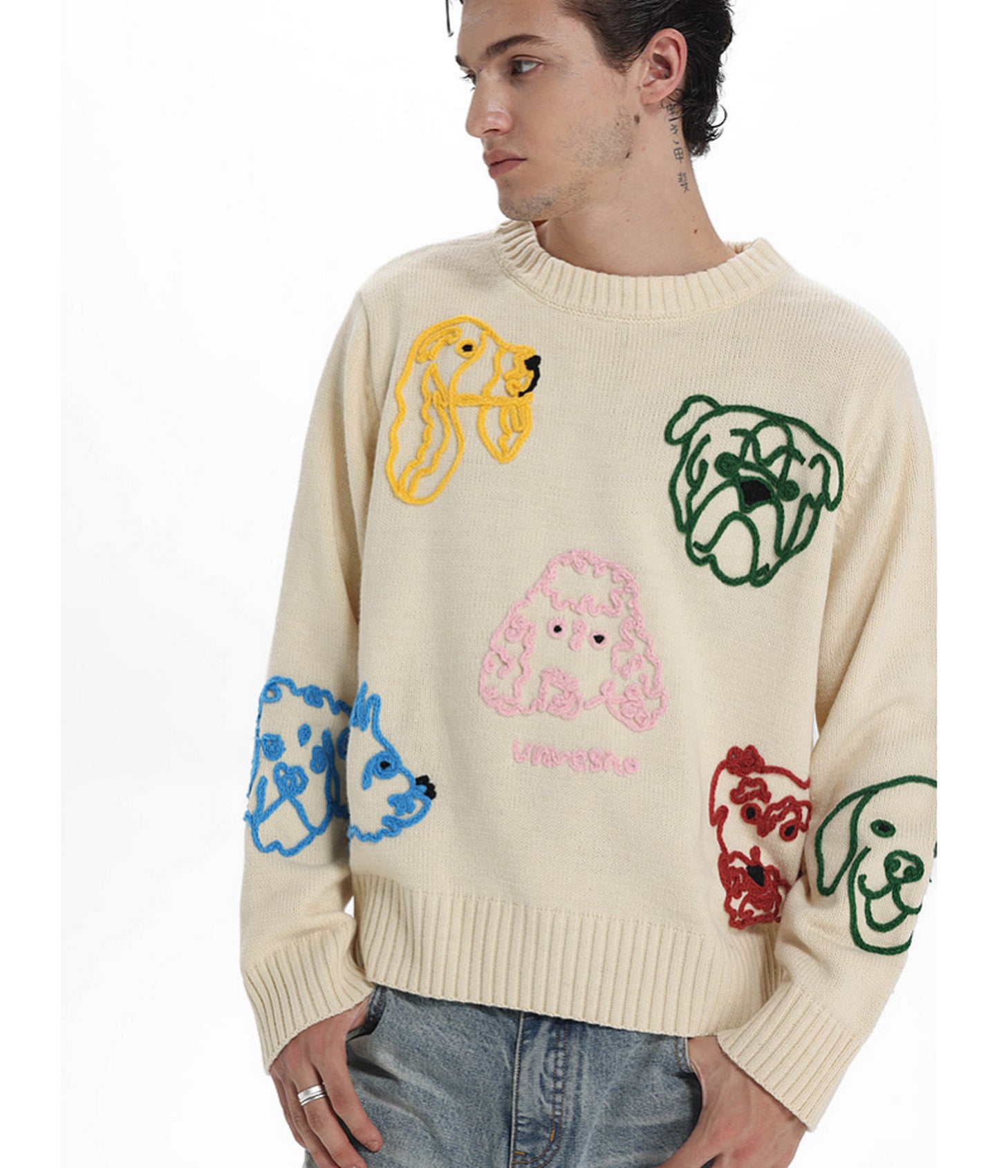 Hand-Knitted Floral-Print Round-Neck Sweater