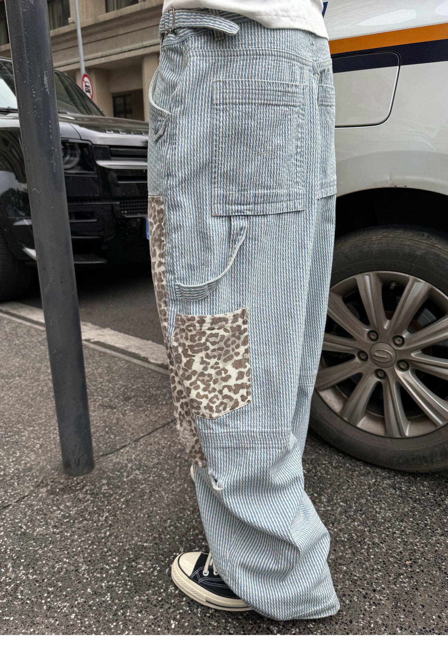 Leopard-Print Patchwork Denim Shorts
