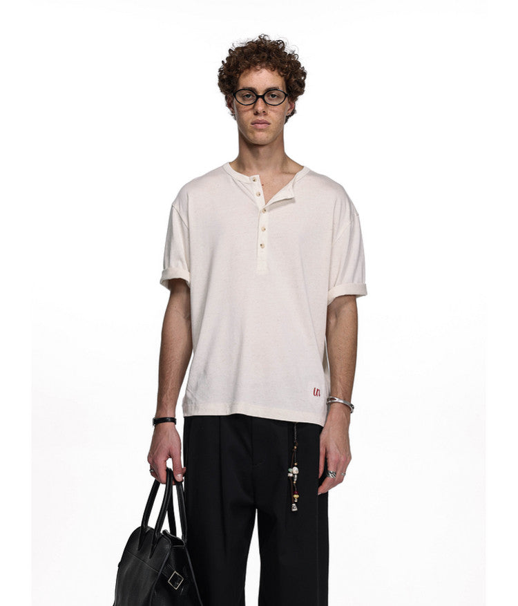 Letter-Embroidered Henley Collar T-Shirt