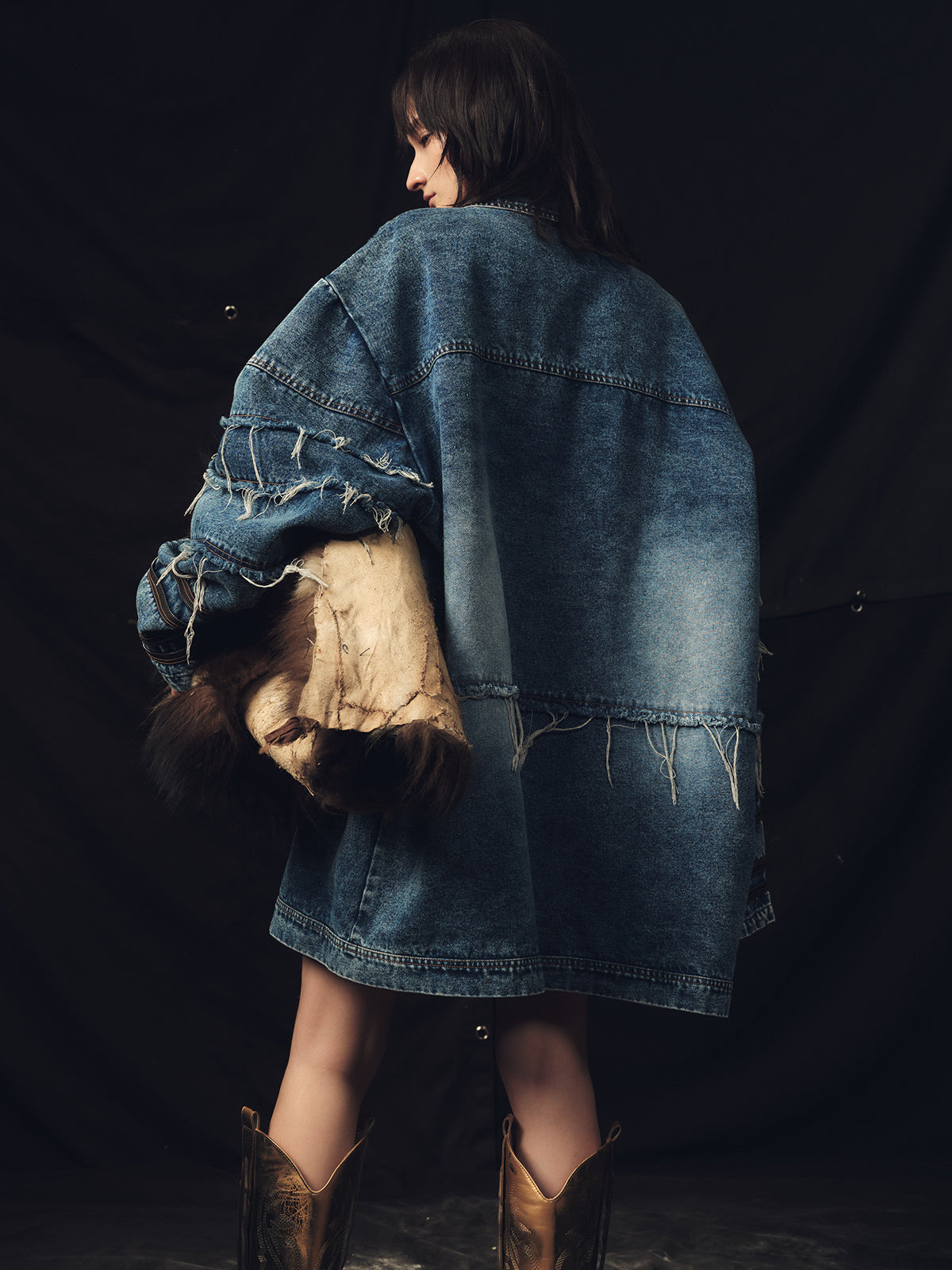 Oversized loose zipper wash denim jacket