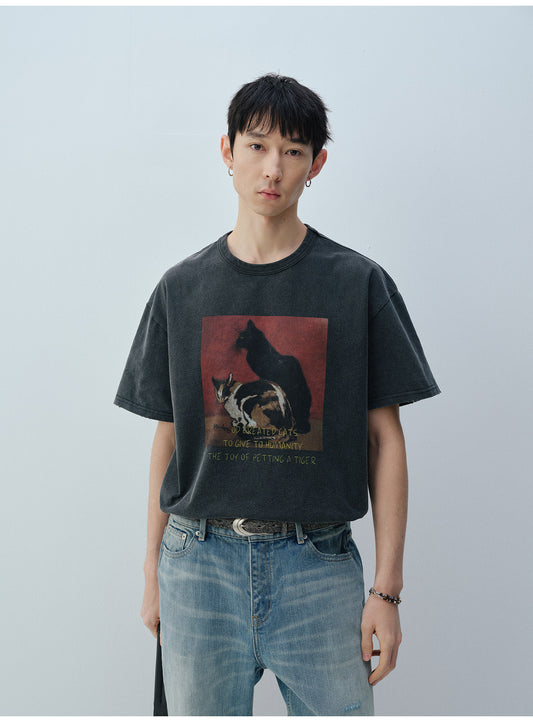Cat Print Crew Neck T-Shirt