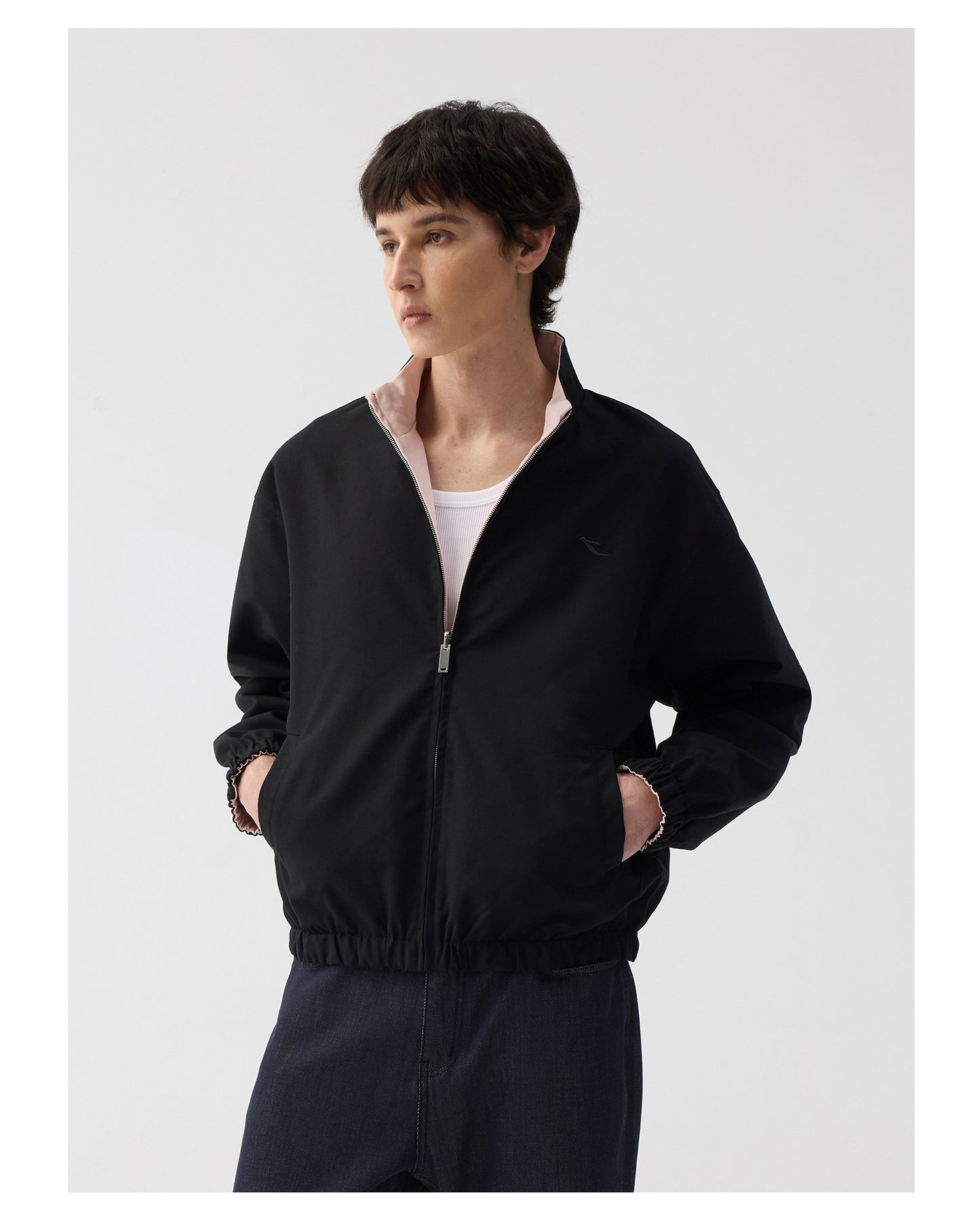 Linen-Blend Color-Block Stand Collar Jacket