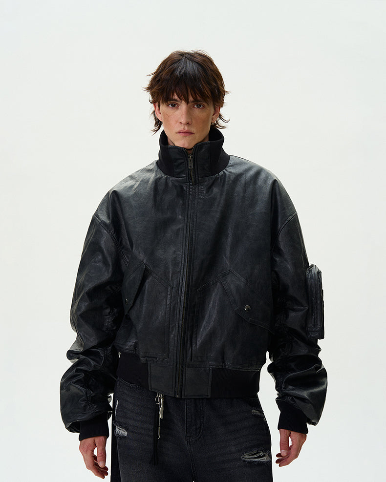 Washed Bomber PU Leather Jacket