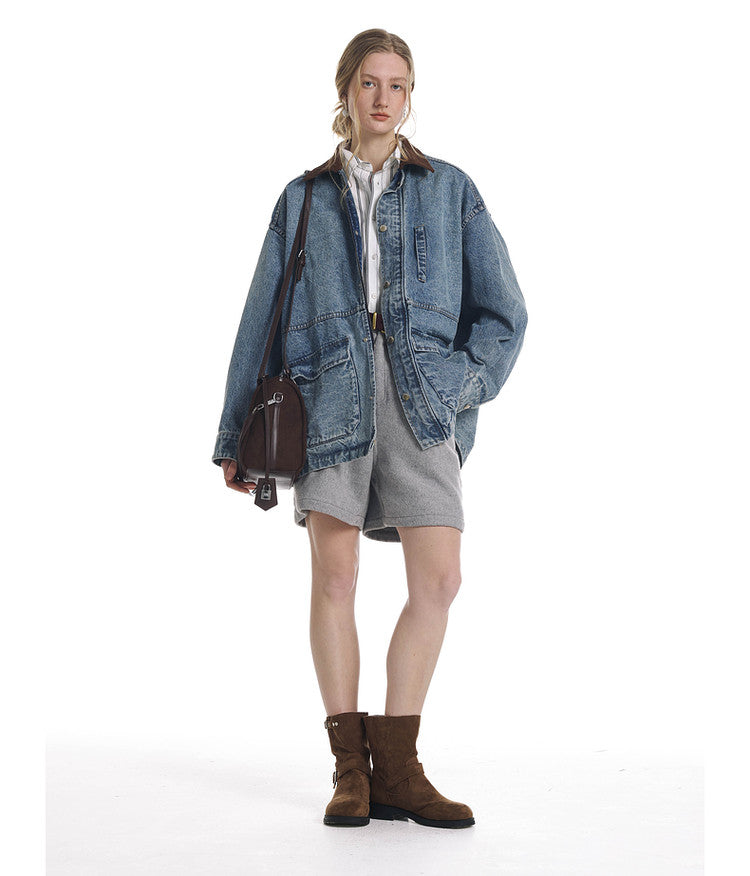Vintage Denim Jacket with Washed Suede Collar
