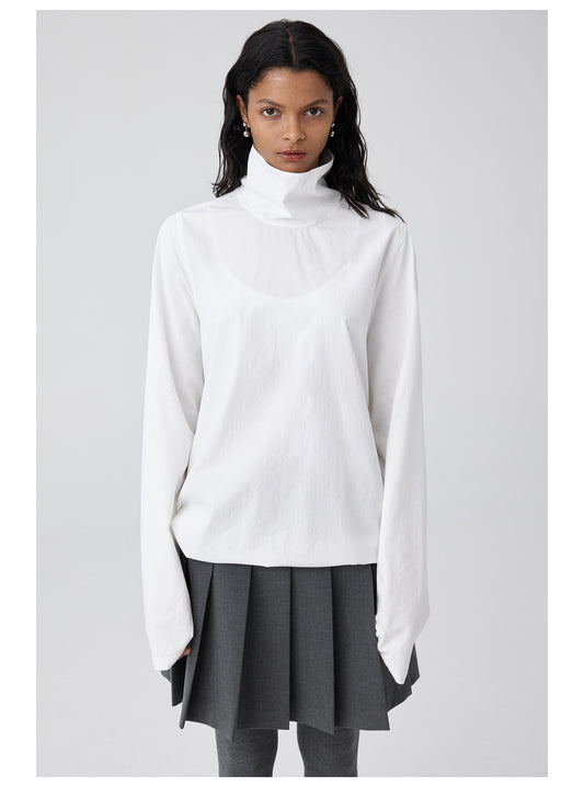 High Neck Back Open Collar Pleated Shirt