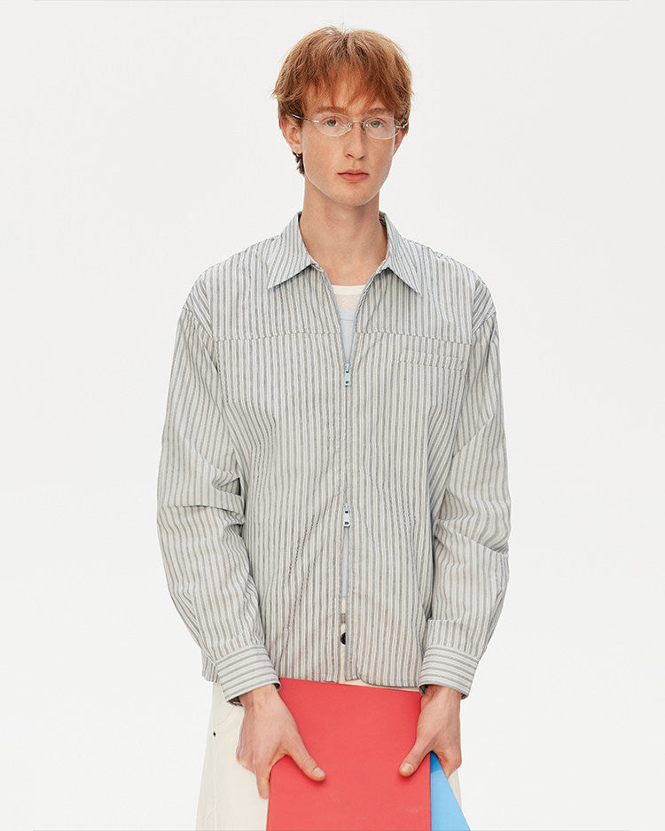 레트로 스트라이프 컬러 지퍼 셔츠