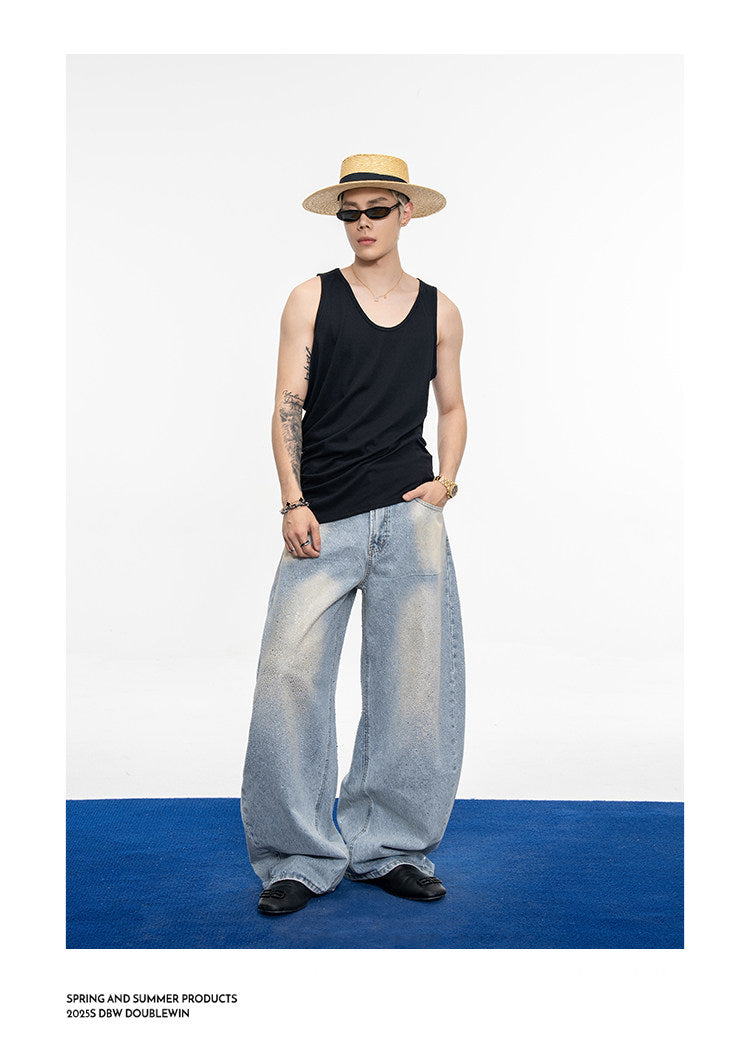 Wash-Finish Wide-Leg Casual Jeans