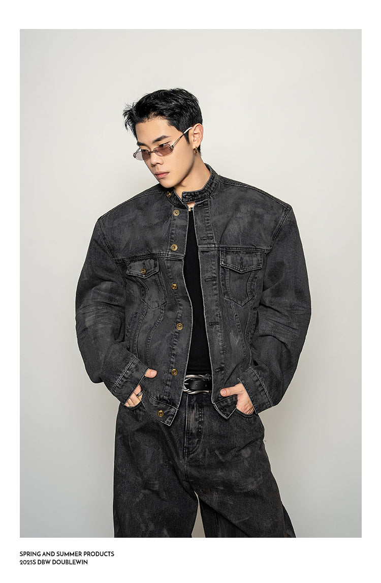 Mud-dyed distressed denim jacket set