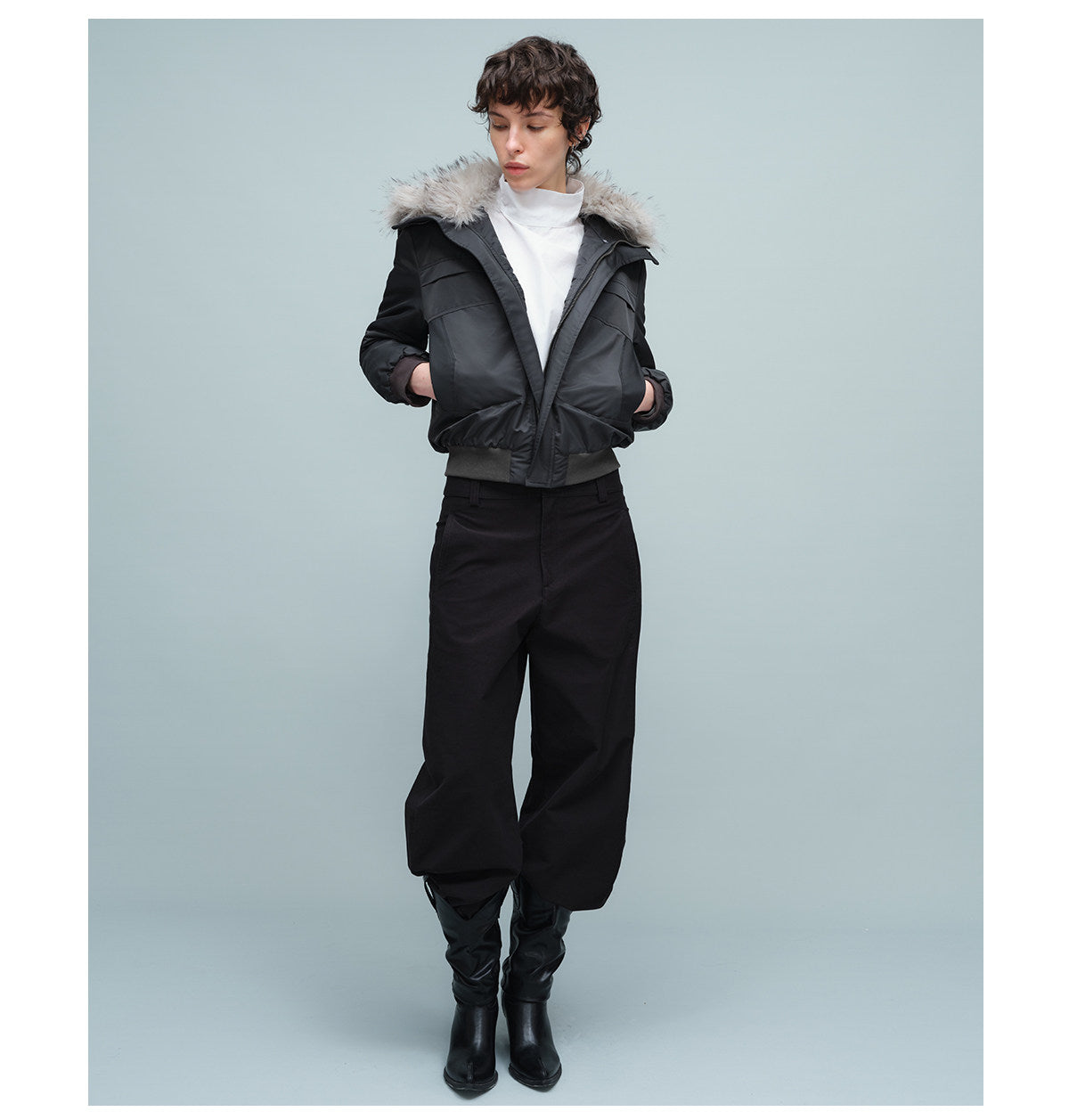 Short Bomber Jacket with Detachable Fur Collar