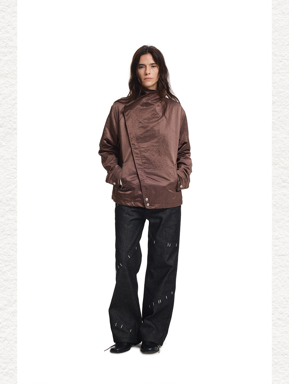 Cross-Button Diagonal Placket Stand-Collar Jacket