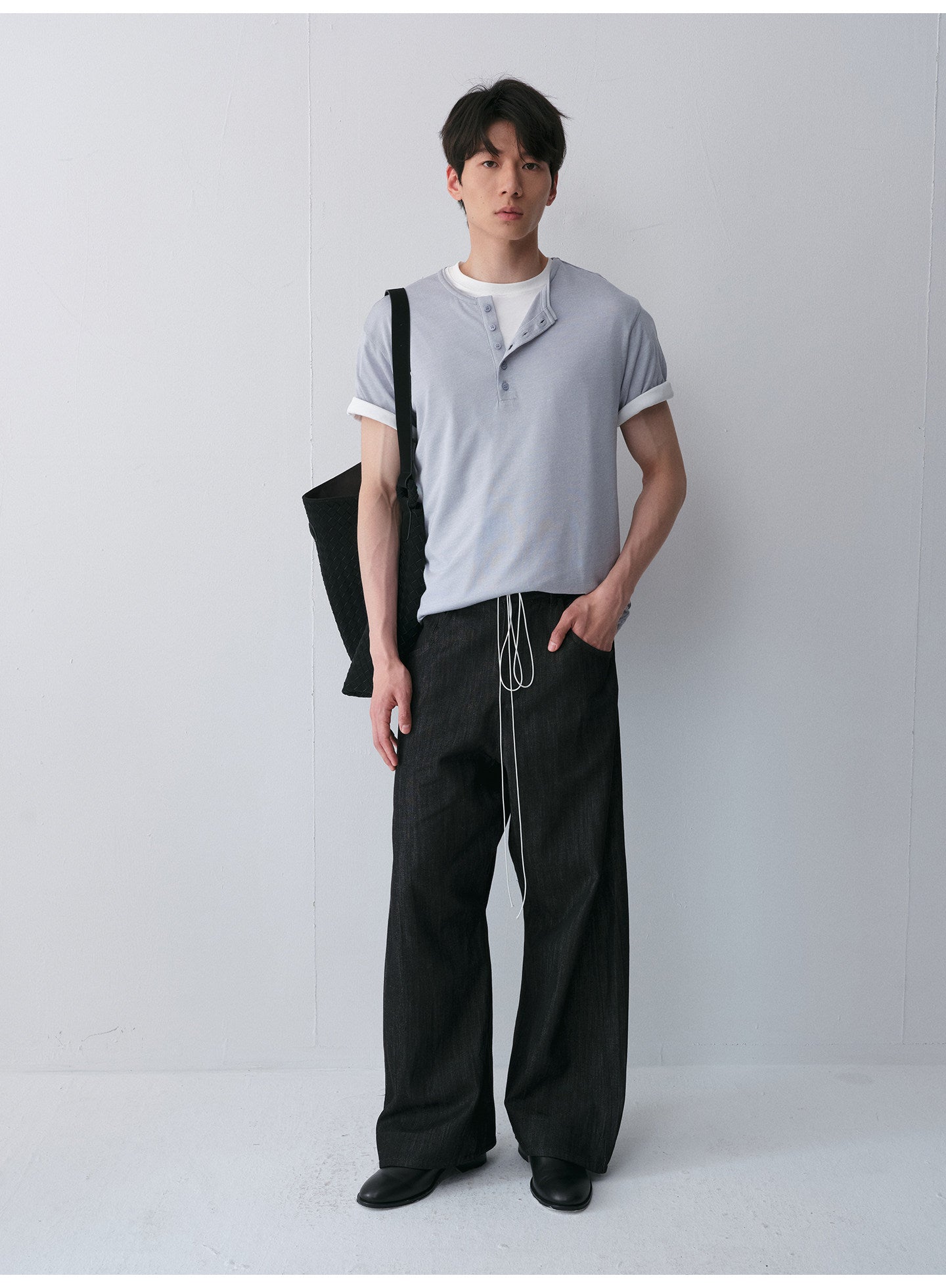 Henry-Collar Drop-Shoulder T-Shirt