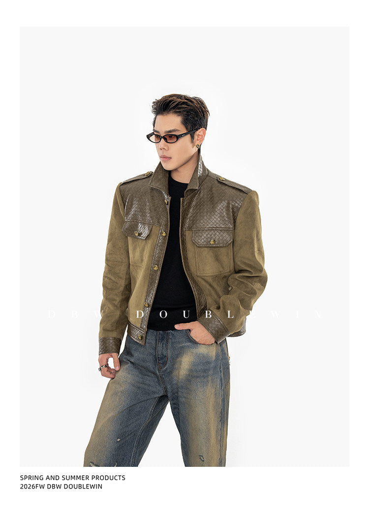 Textured Leather Patchwork Suede Short Jacket
