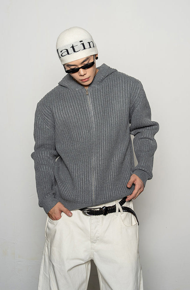 Thick Rib Hooded Knit Cardigan