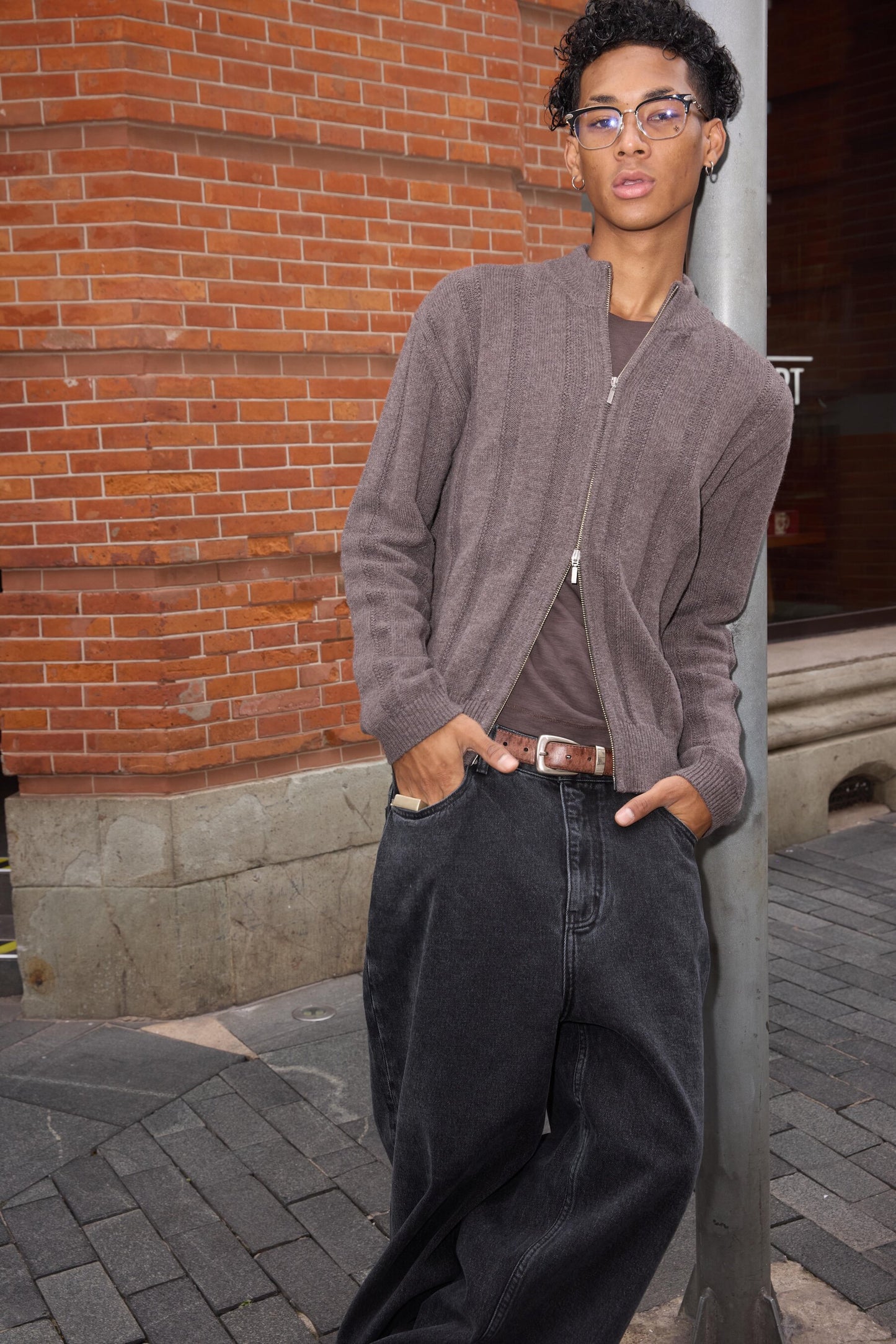 Dark-Striped Jacquard Knit Cardigan