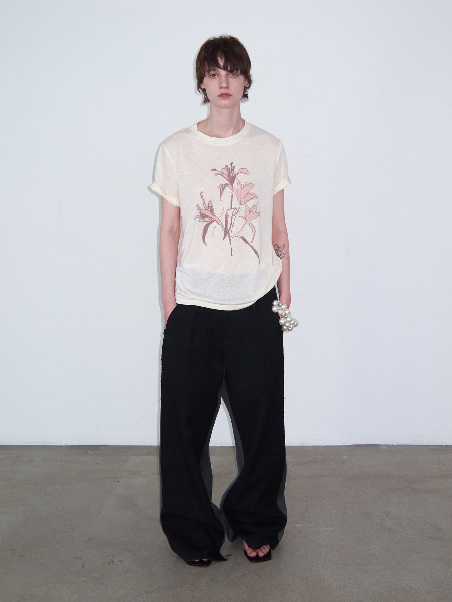 Hand-Painted Floral Print, Slightly Sheer T-Shirt