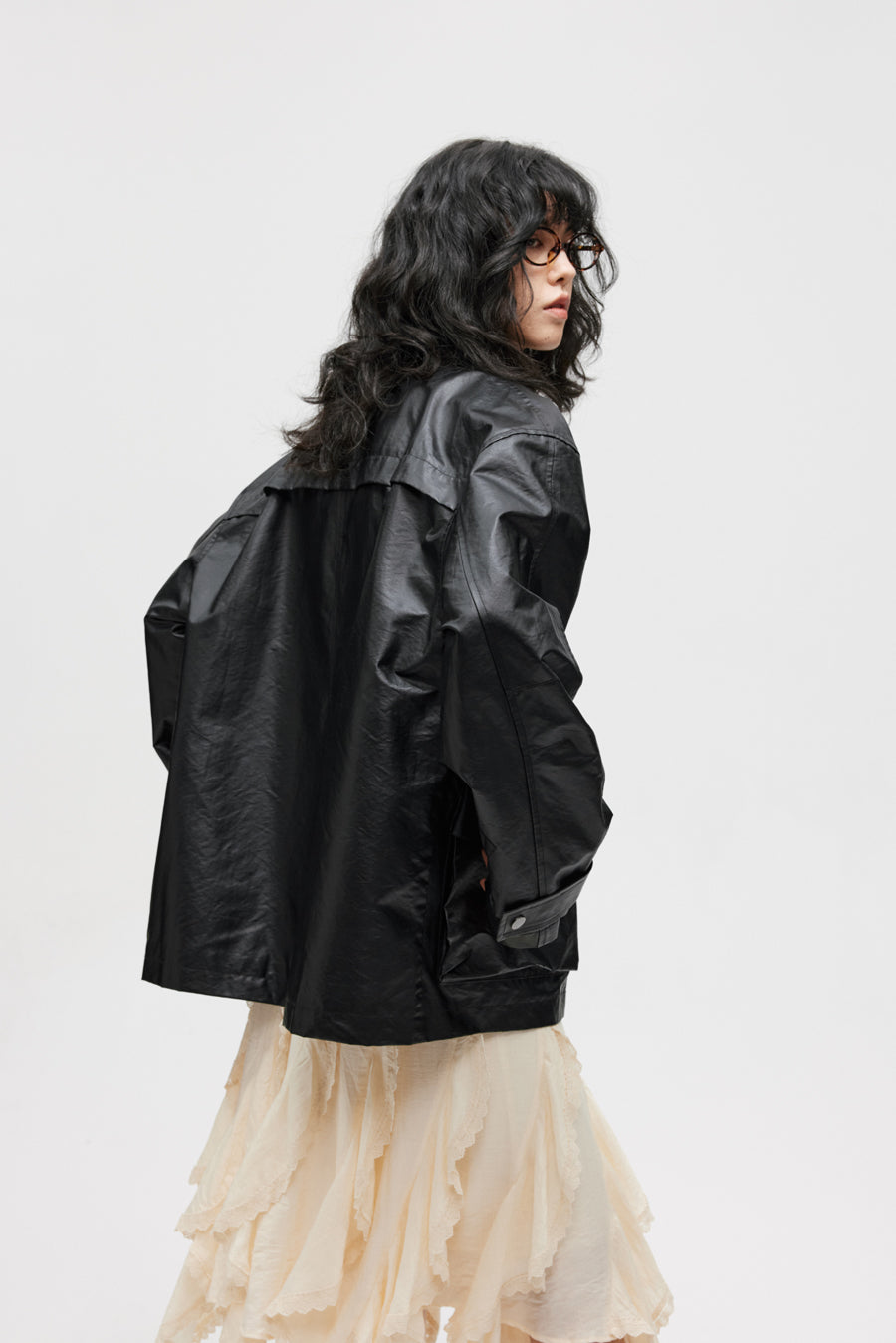 Imitation leather mid-length jacket