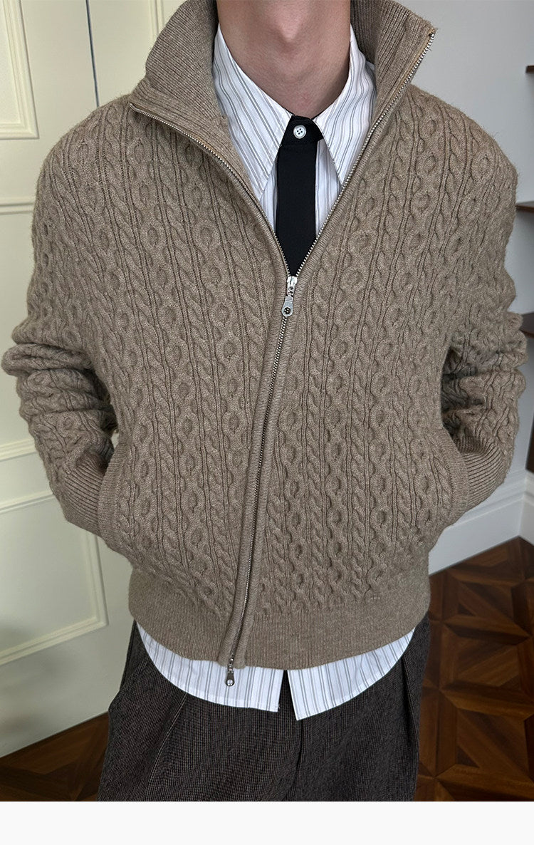 Diagonal Zipper Cable-Knit Cardigan