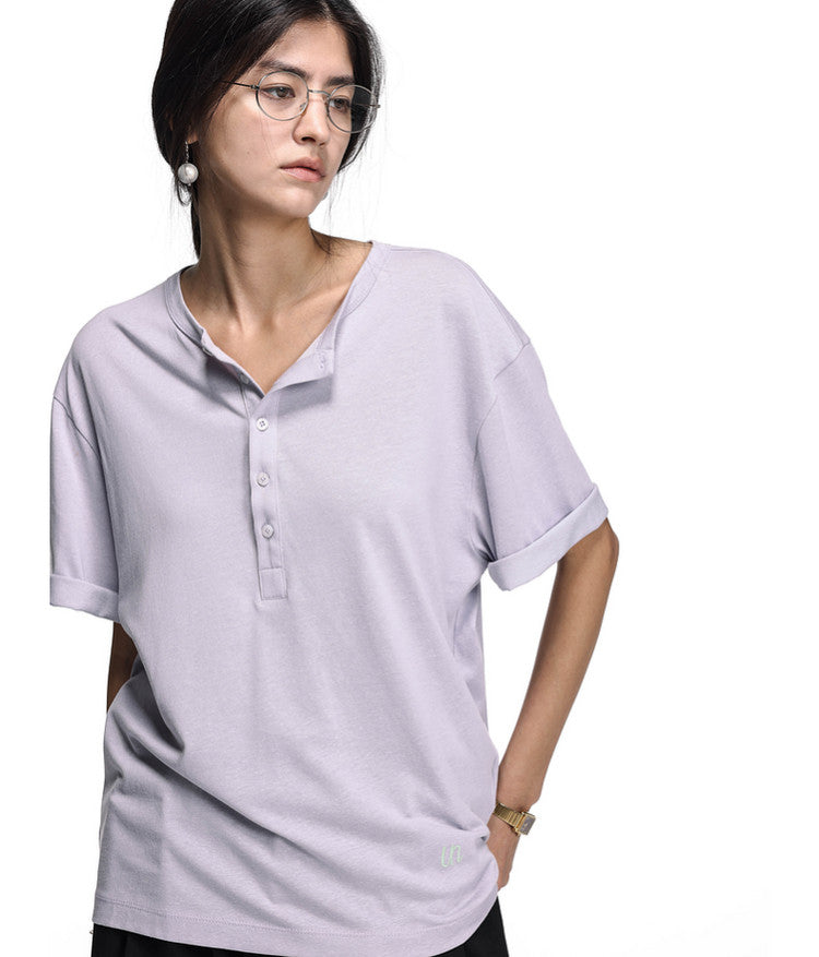 Letter-Embroidered Henley Collar T-Shirt