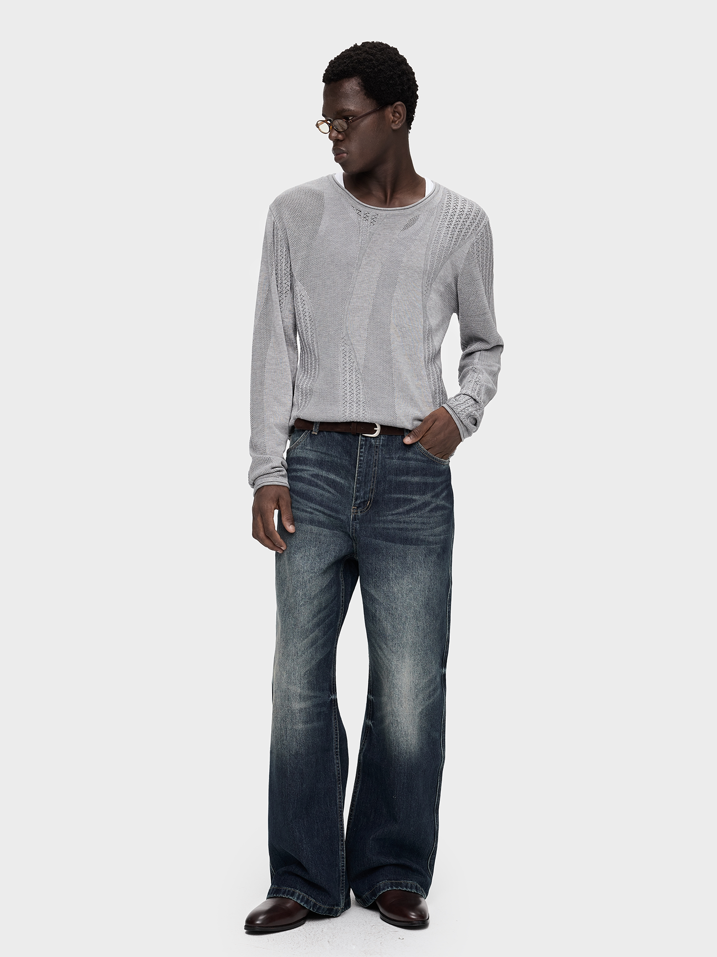 Round-Neck Rolled-Edge Knit Shirt