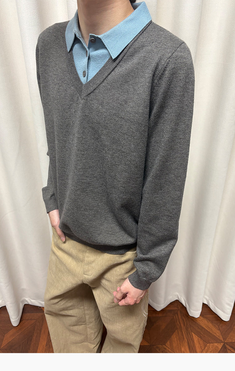 Faux Two-Piece Polo Collar Sweater