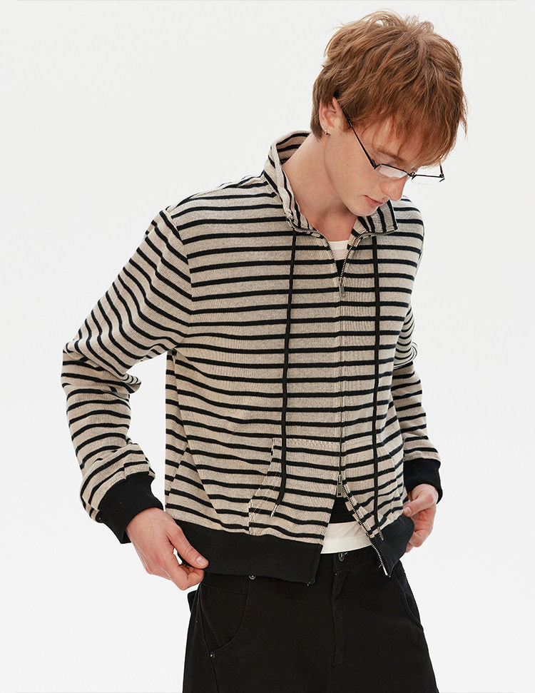 Striped Stand Collar Zipper Cardigan