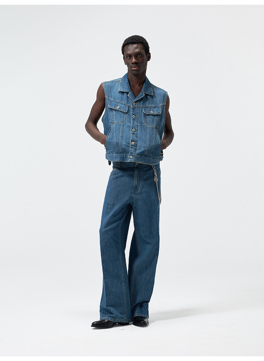 Cuban-Collar Short Denim Vest