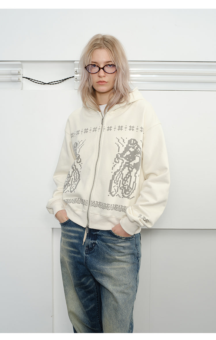 Printed Hooded Zipper Sweatshirt