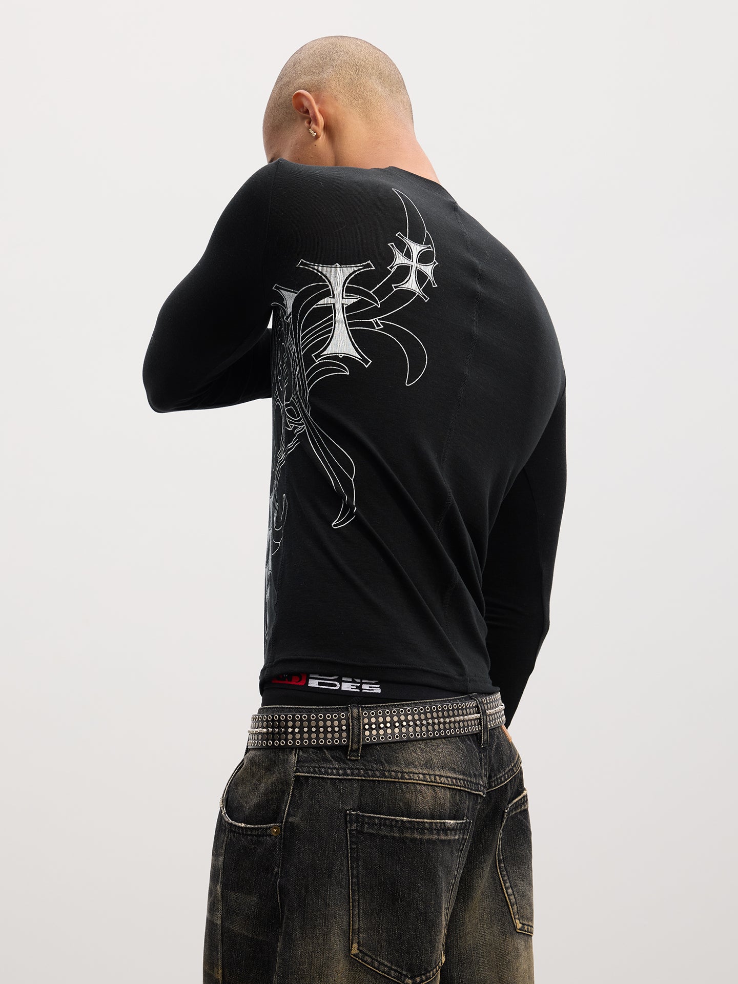 Cross Print Stretch Slim T-Shirt