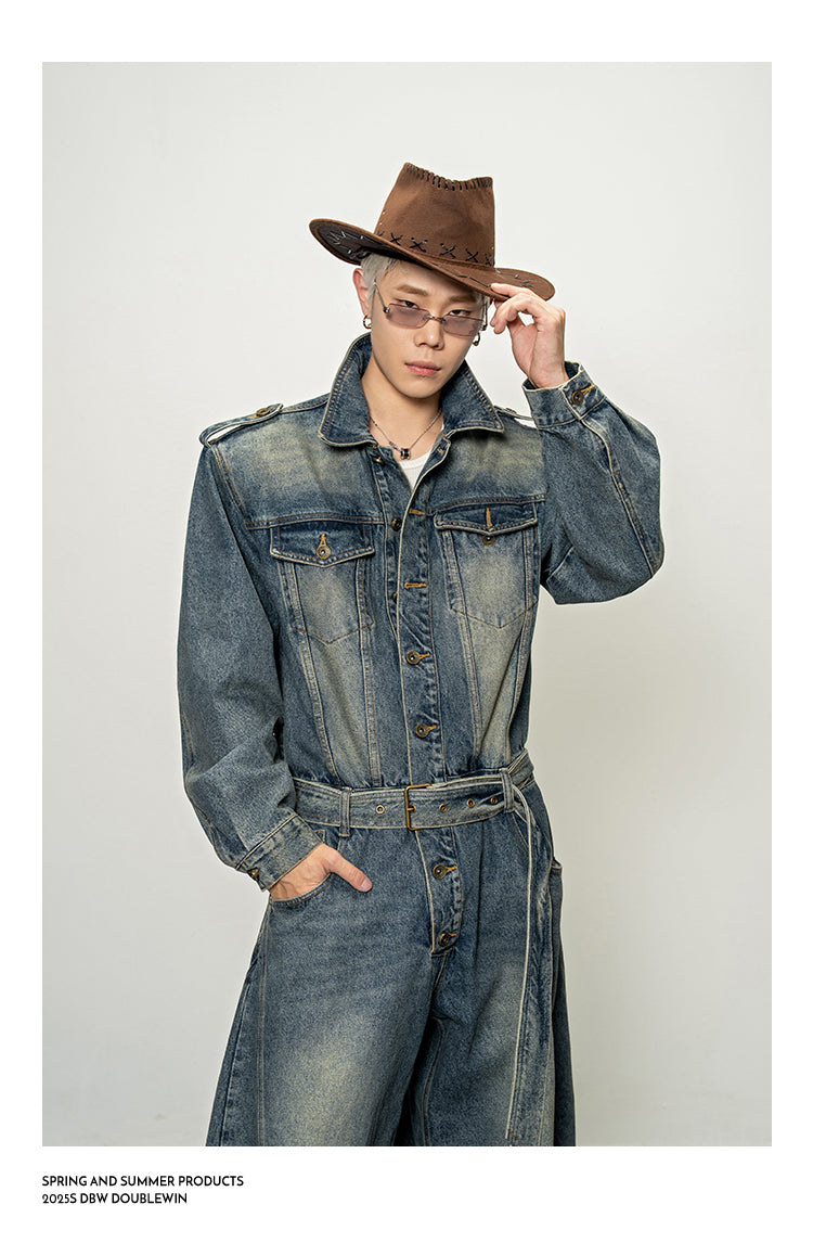 Shoulder Pad Denim Jumpsuit