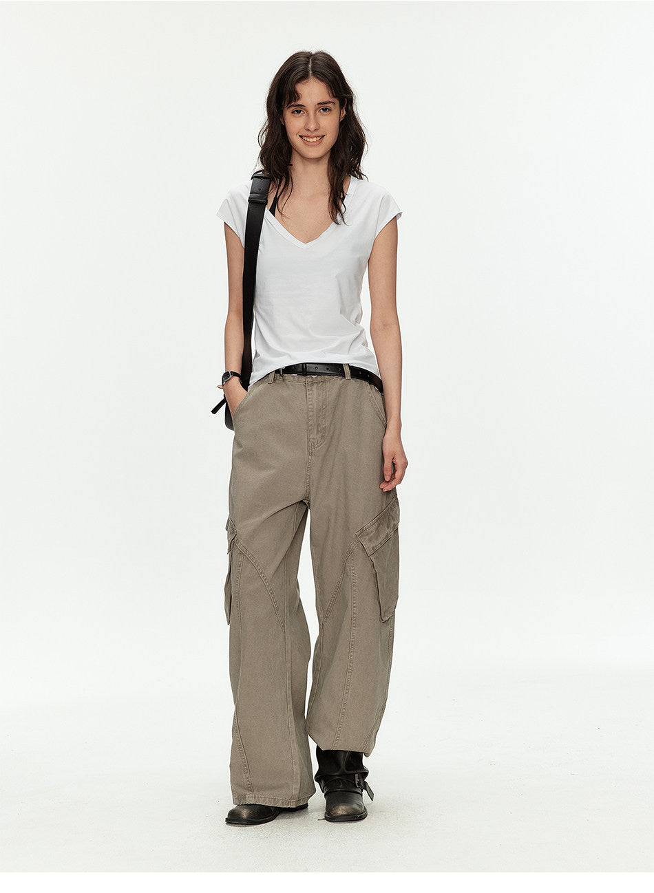 Casual Pants with Side Pockets and Retro Wash Finish