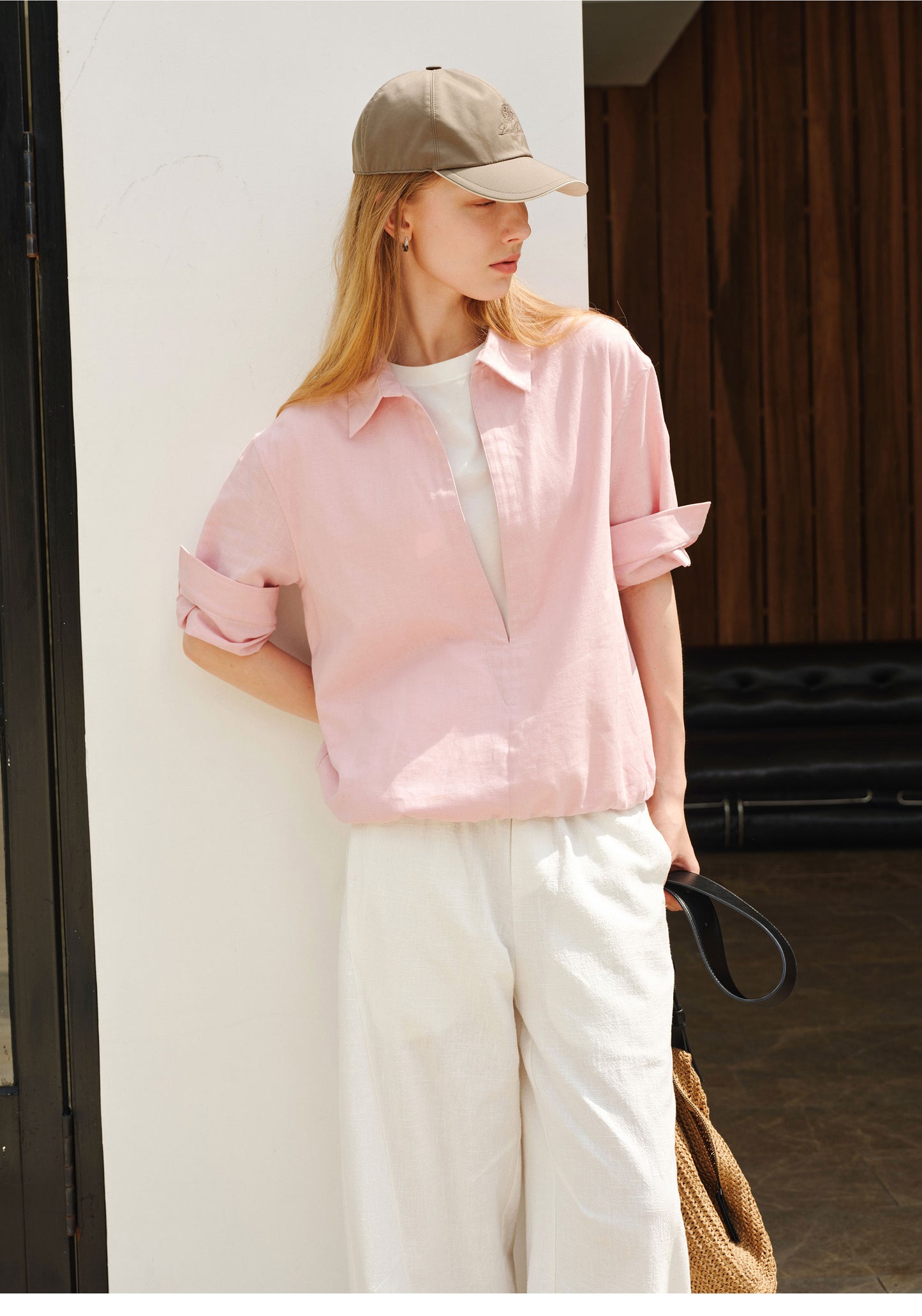 Deep V-Neck Faux Two-Piece Roll-Sleeve Shirt