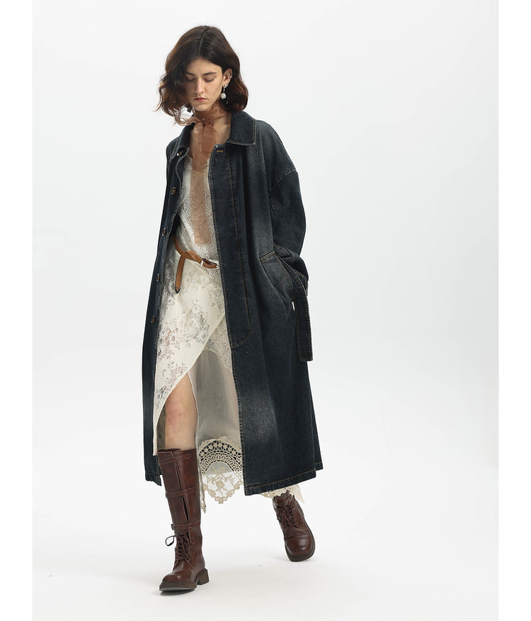 Washed Denim Long Trench Coat