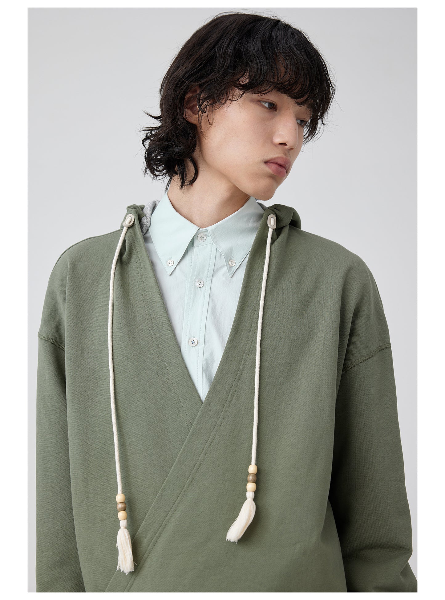 Overlap slant placket hooded sweatshirt