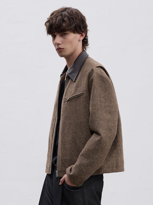 Tweed Leather Collar Short Jacket