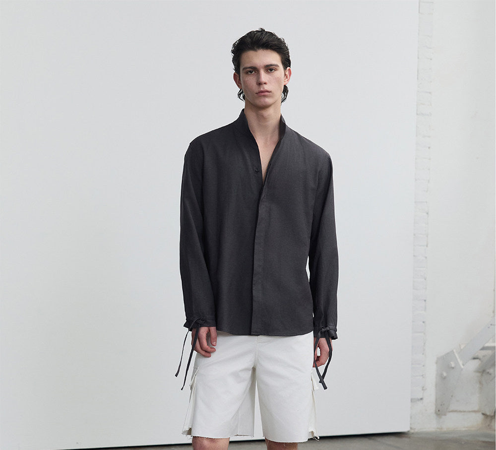 Casual Shirt with Stand Collar and Hidden Buttons