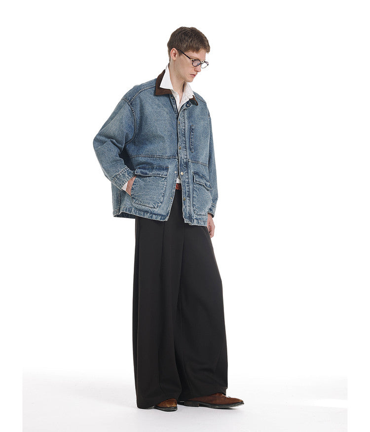Vintage Denim Jacket with Washed Suede Collar
