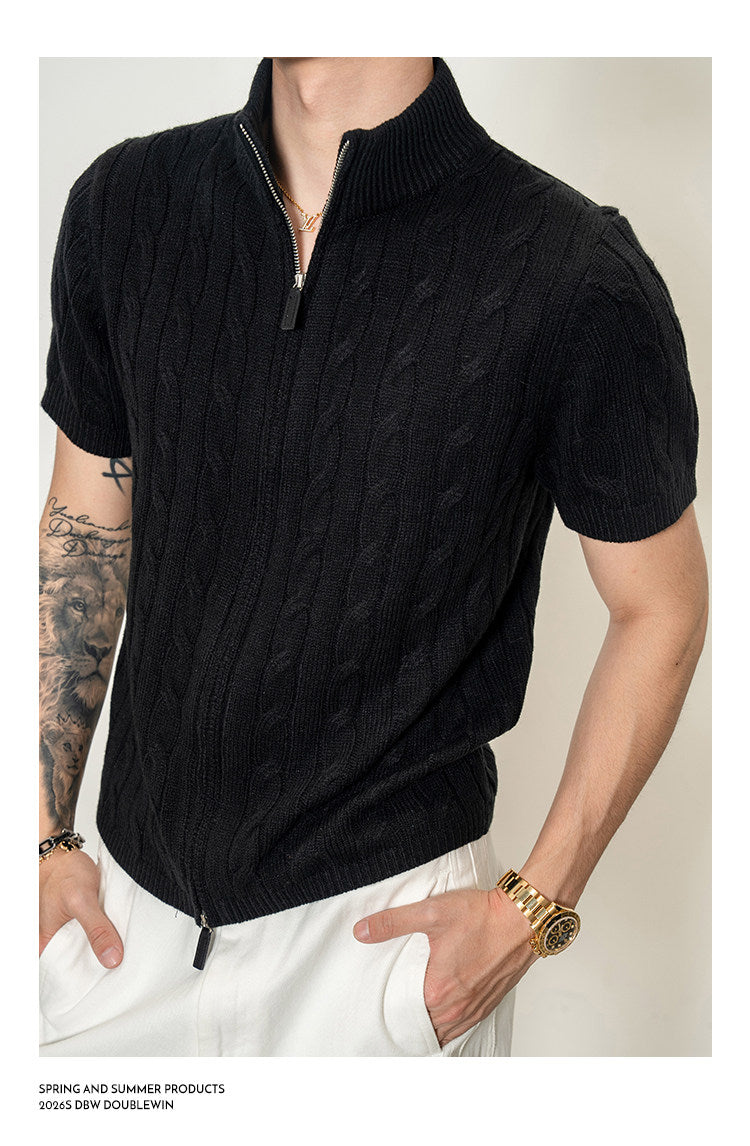 High-neck cable-knit shirt