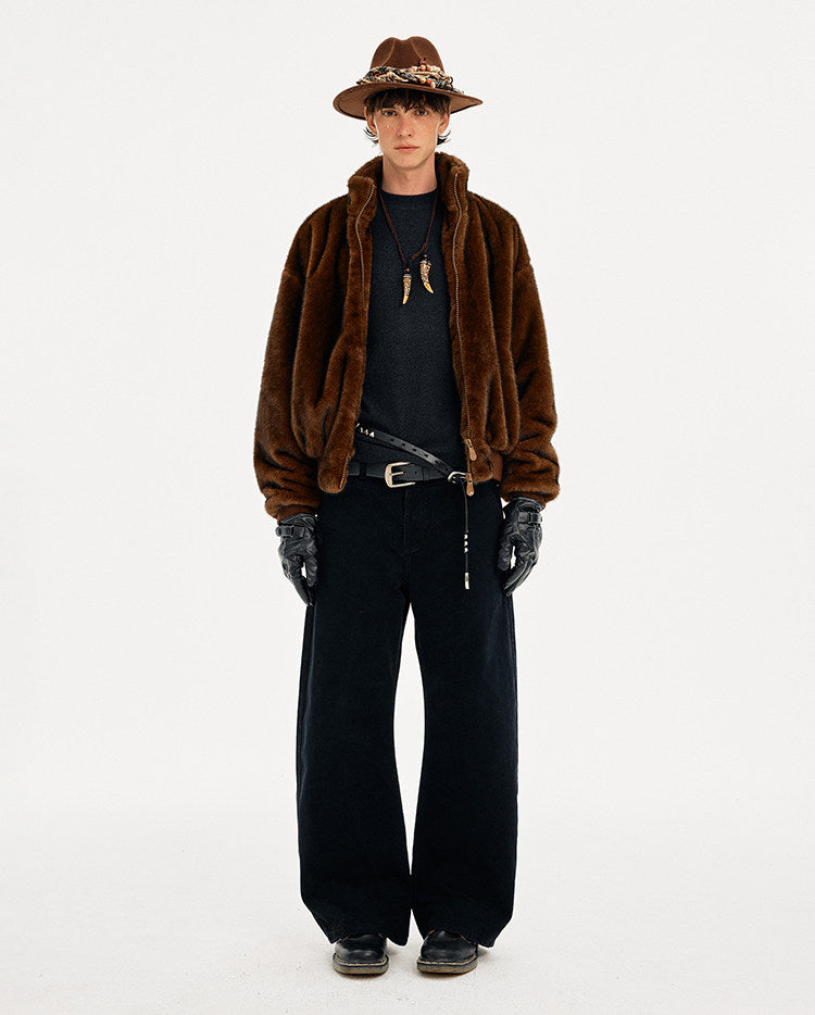 Retro Faux Fur Stand Collar Jacket