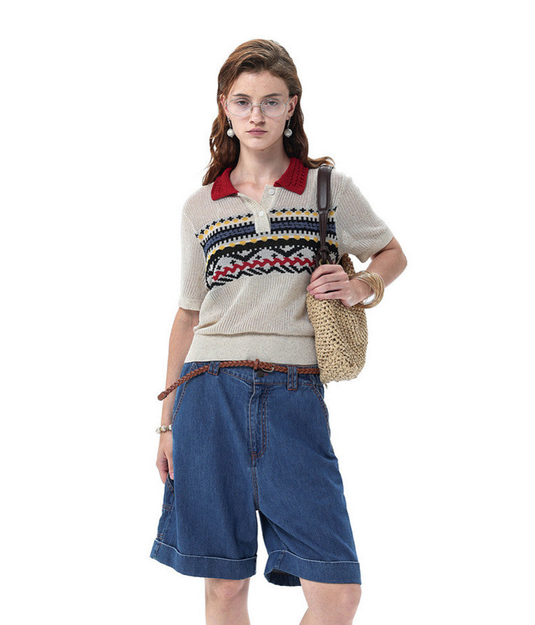 College-Style Polo-Collar Sweater