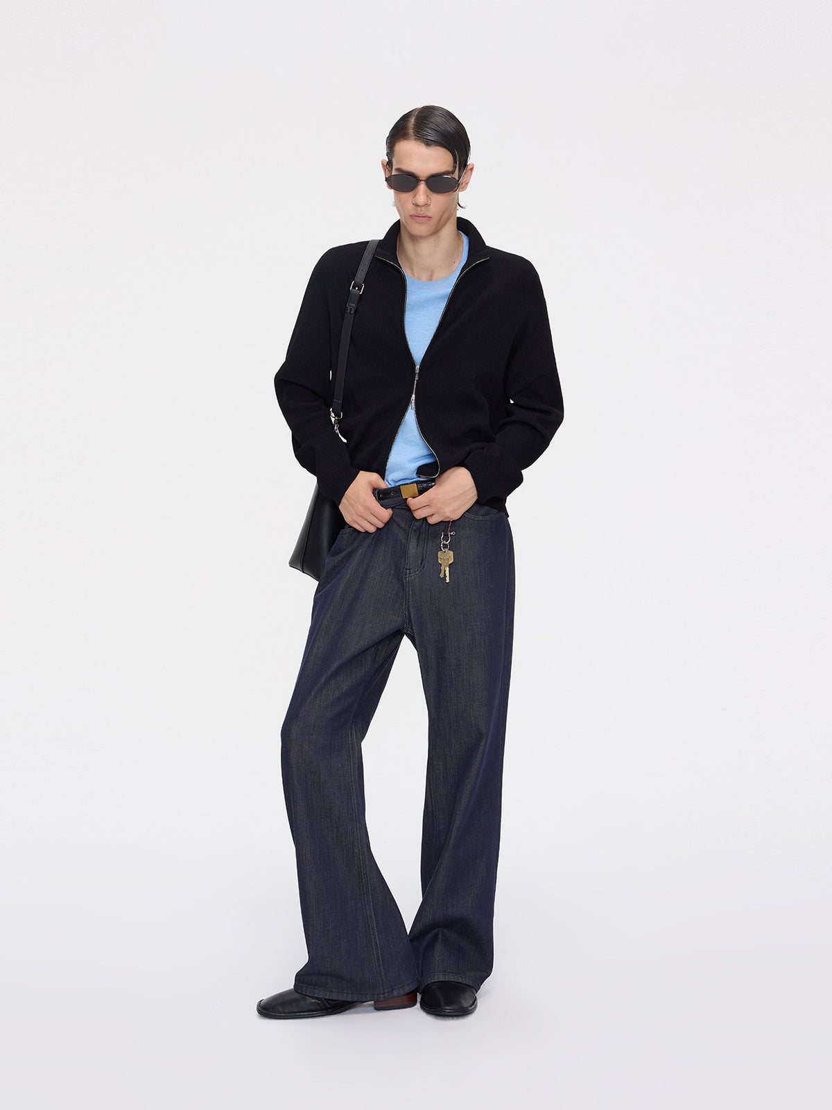 Plaid Stand-Collar Double-Zipper Knit Cardigan