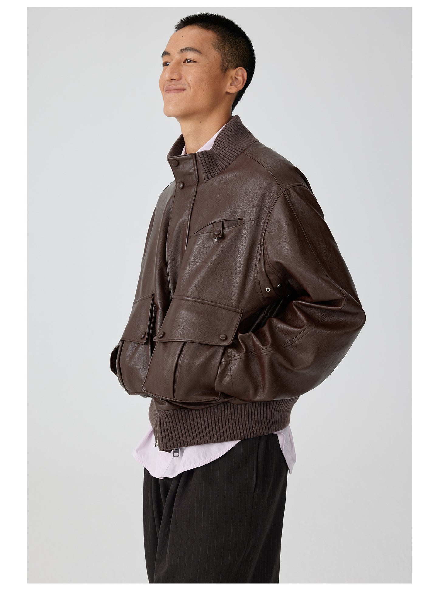 Ribbed stand collar leather jacket