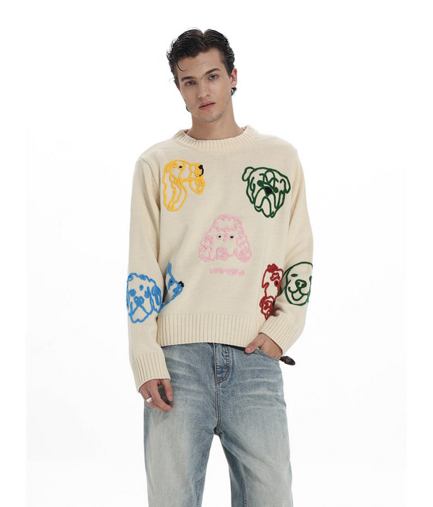 Hand-Knitted Floral-Print Round-Neck Sweater