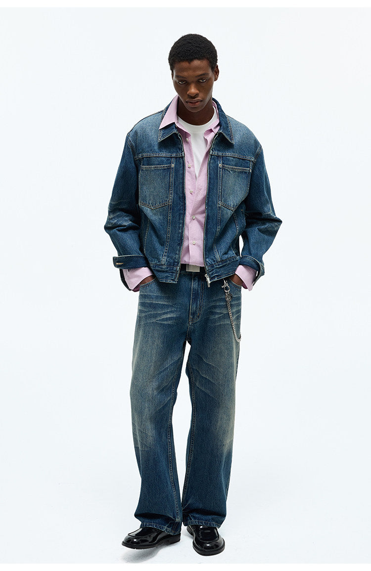 Wrinkle-Processed Red-Edge Denim Pants
